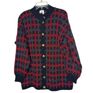 Made in Scotland Sweater Cardigan Sz M Thick Red Plaid Mature Grandma Office